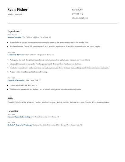 Service Counselor Resume