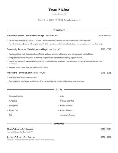 Service Counselor Resume