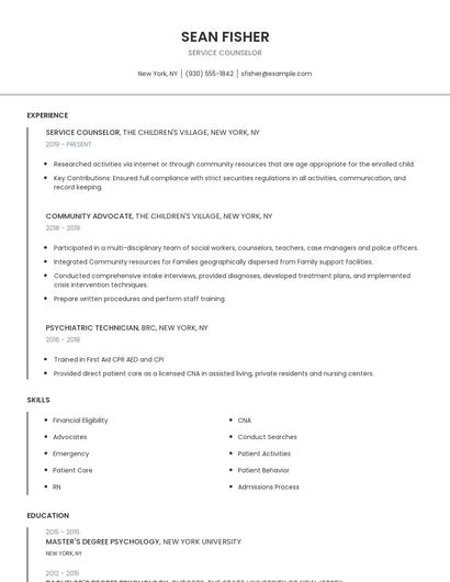 Service Counselor Resume