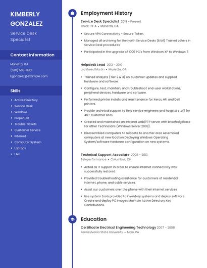 Service Desk Specialist Resume