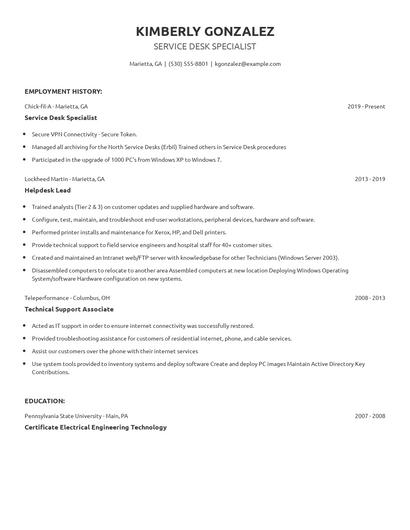 Service Desk Specialist Resume