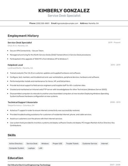 Service Desk Specialist Resume