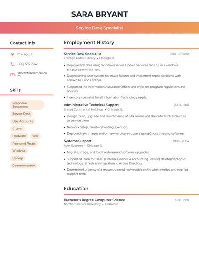 Service Desk Specialist Resume