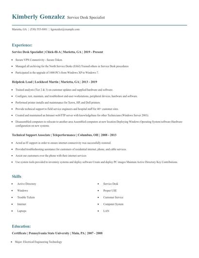 Service Desk Specialist Resume