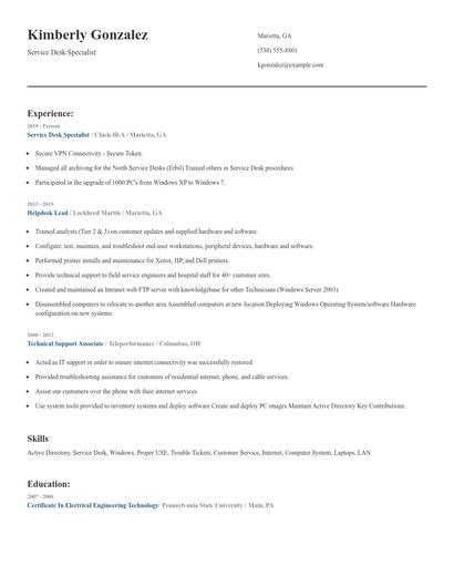 Service Desk Specialist Resume