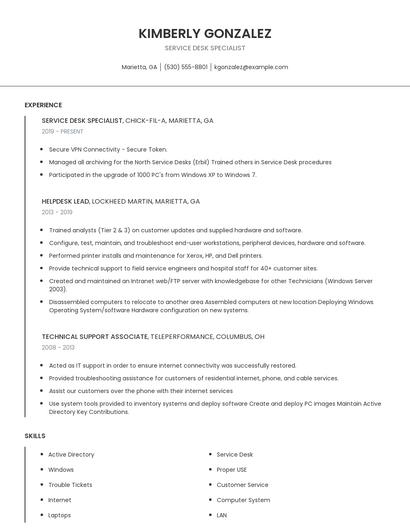 Service Desk Specialist Resume