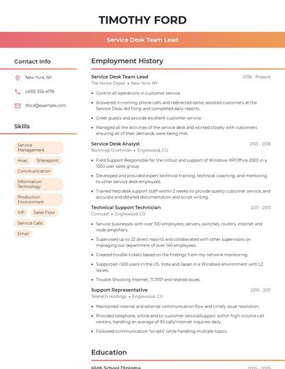 Service Desk Team Lead Resume