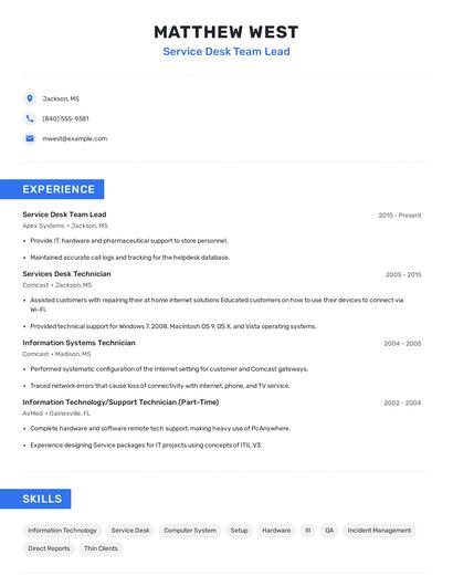 Service Desk Team Lead Resume