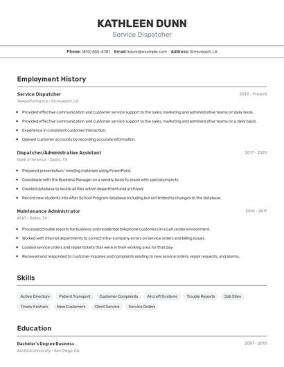 Service Dispatcher Resume