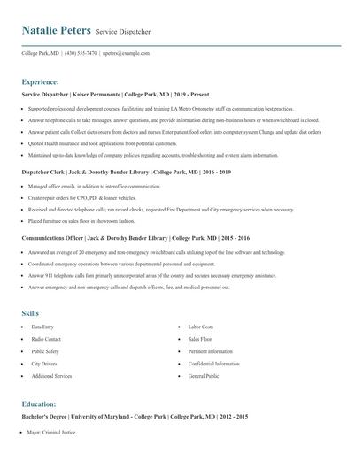 Service Dispatcher Resume