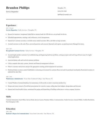 Service Dispatcher Resume
