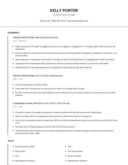 Service Dispatcher Resume