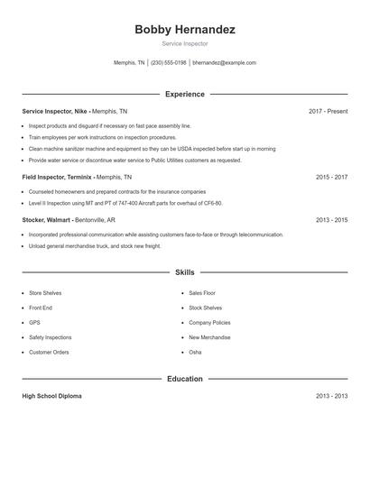Service Inspector Resume