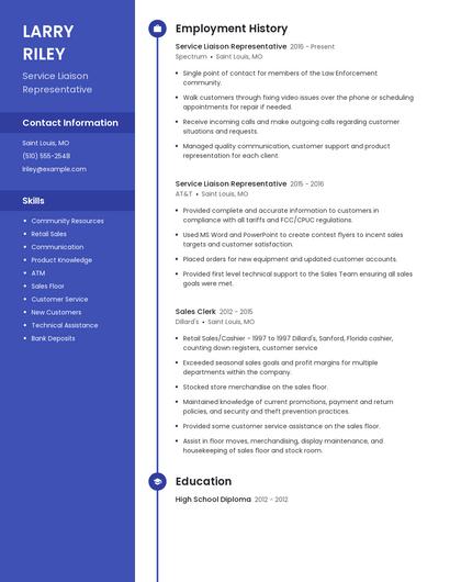 Service Liaison Representative Resume
