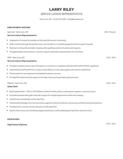 Service Liaison Representative Resume