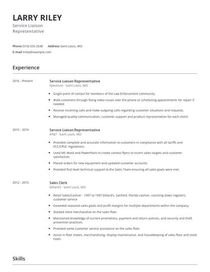 Service Liaison Representative Resume