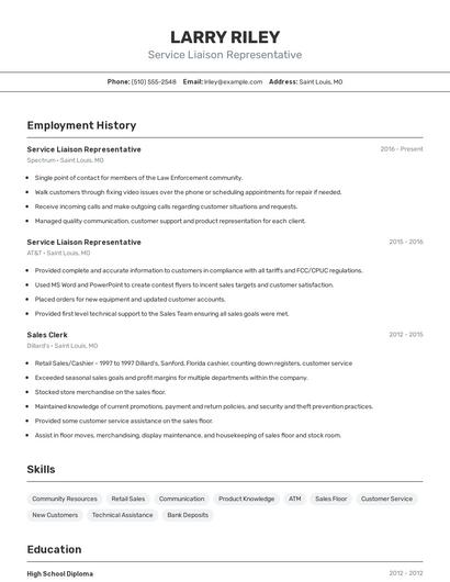 Service Liaison Representative Resume