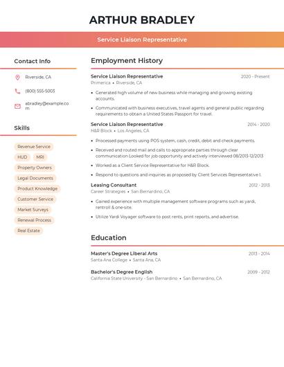 Service Liaison Representative Resume
