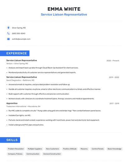 Service Liaison Representative Resume