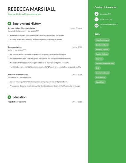 Service Liaison Representative Resume
