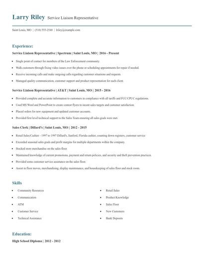 Service Liaison Representative Resume