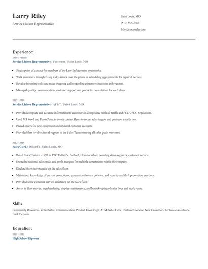 Service Liaison Representative Resume