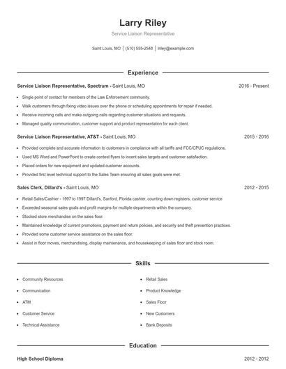 Service Liaison Representative Resume