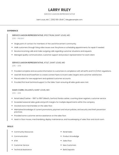 Service Liaison Representative Resume