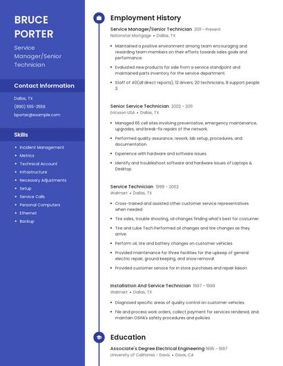 Service Manager/Senior Technician Resume