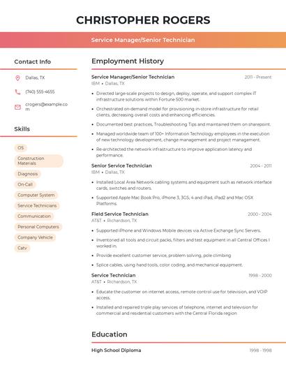 Service Manager/Senior Technician Resume