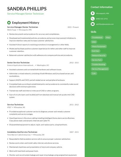 Service Manager/Senior Technician Resume