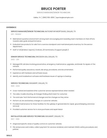 Service Manager/Senior Technician Resume