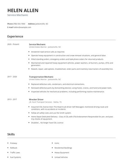 Service Mechanic Resume