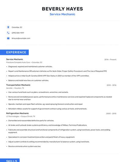 Service Mechanic Resume