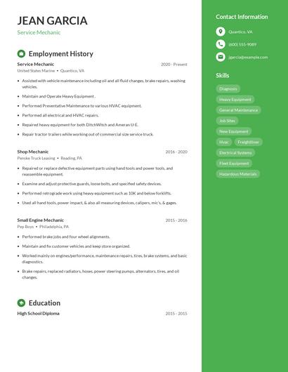 Service Mechanic Resume