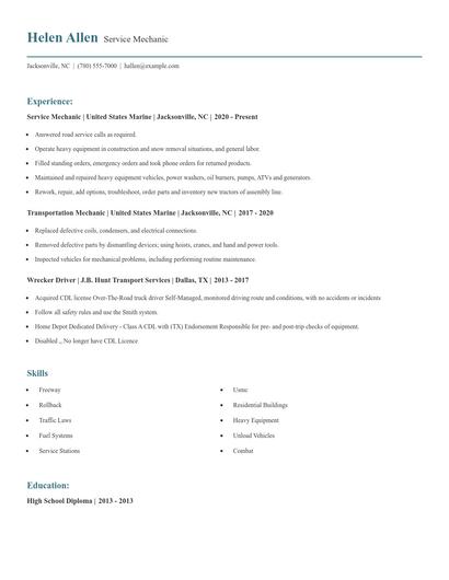 Service Mechanic Resume