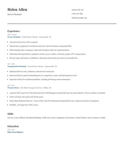 Service Mechanic Resume