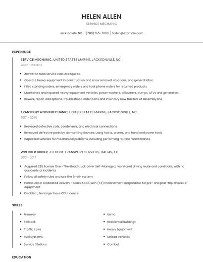 Service Mechanic Resume