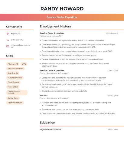 Service Order Expediter Resume