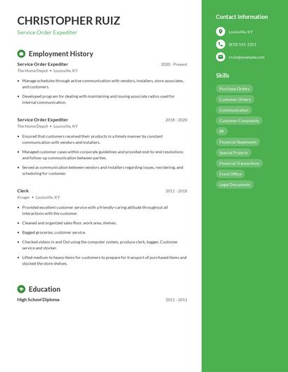 Service Order Expediter Resume
