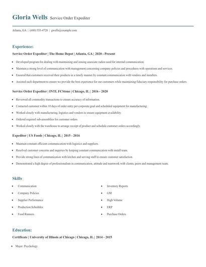 Service Order Expediter Resume