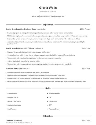 Service Order Expediter Resume