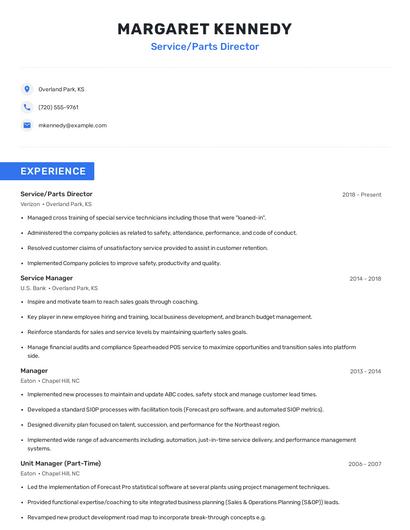 Service/Parts Director Resume