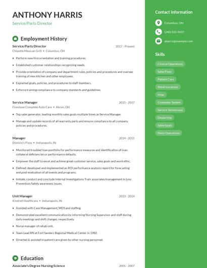 Service/Parts Director Resume