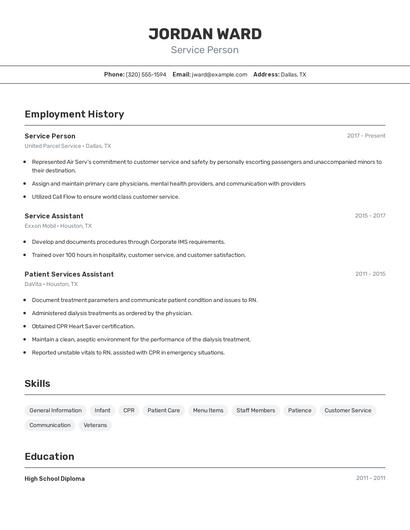 Service Person Resume