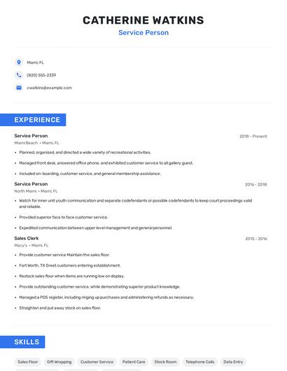 Service Person Resume