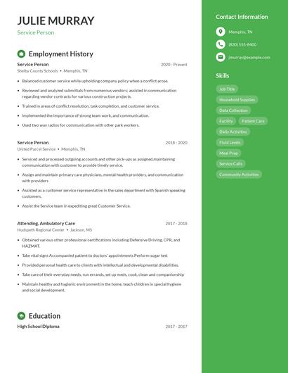 Service Person Resume