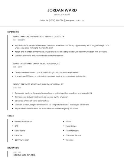 Service Person Resume