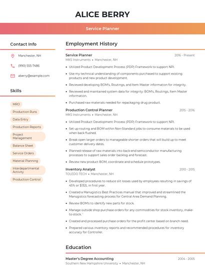 Service Planner Resume