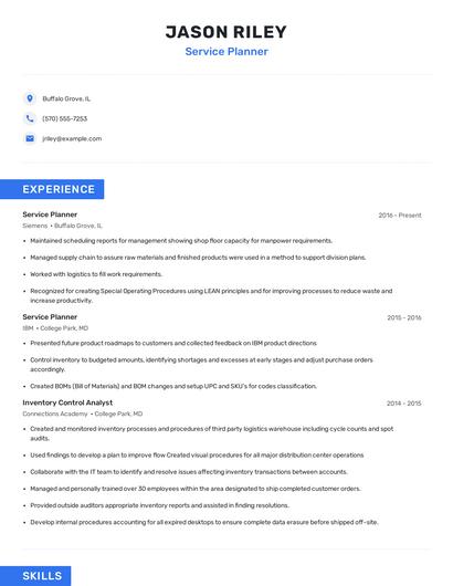 Service Planner Resume